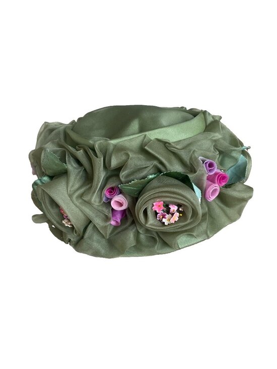 Vintage Style Green Hat Chiffon Covered Crown Of Flowers Garden Tea main image 6